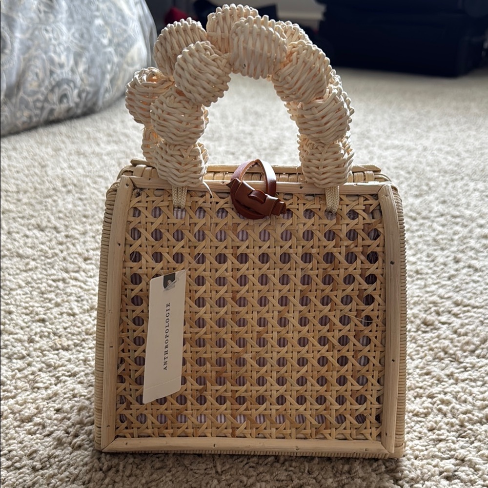 Anthropologie Tan Woven Tote with Cane Webbing